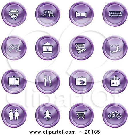 Clipart Illustration of a Collection Of Purple Icons Of A Hotel, Road By Train Tracks, Bed, Bus, Wine Glasses, Tickets, Moon, Luggage, Diner, Camera, Shopping, Restrooms, Tree, Shopping Carts And Bicycle by AtStockIllustration