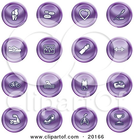 Clipart Illustration of a Collection Of Purple Icons Of A Knee Joint, Pills, Heart, Wheat, Shoes, Chart, Water Bottle, Weights, Bike, Swimmer, Fitness Clothes, Muscles, Lungs And Trophy by AtStockIllustration