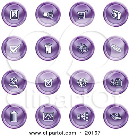 Clipart Illustration of a Collection Of Purple Icons Of A Calendar, Cables, Shopping Cart, Camera, Check Mark, Fortress, News, Trash Can, Chart, Networking And Information by AtStockIllustration
