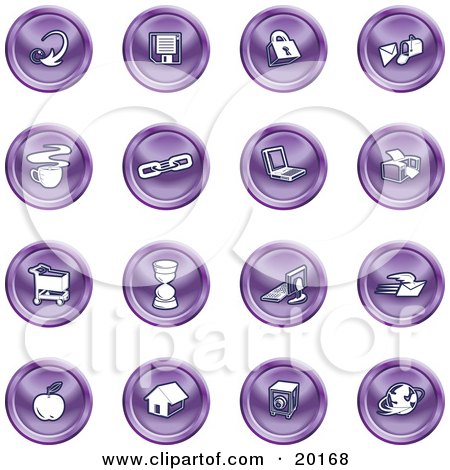 Clipart Illustration of a Collection Of Purple Icons Of An Arrow, Floppy Disc, Padlock, Mail, Coffee, Link, Laptop, Printer, Shopping Cart, Hourglass, Computer, Email, Apple, House, Camera And Globe by AtStockIllustration