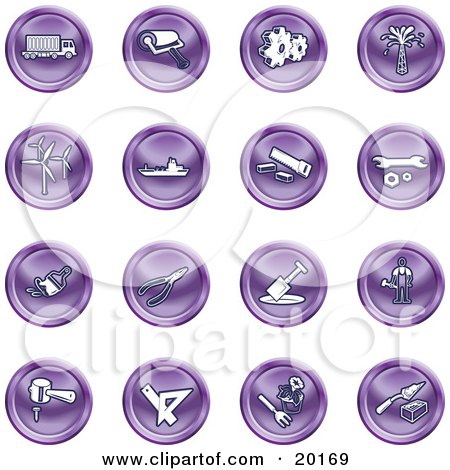 Clipart Illustration of a Collection Of Purple Icons Of A Big Rig, Paint Roller, Cogs, Oil, Turbines, Ship, Saw, Wrench, Pliers, Shovel, Hammer, Gardening And Brick Laying by AtStockIllustration