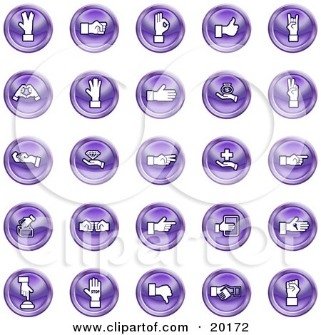 Clipart Illustration of a Collection Of Purple Hand Gesture Icons by AtStockIllustration