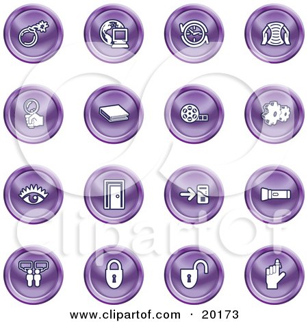 Clipart Illustration of a Collection Of Purple Icons Of A Bomb, Computer, Letter, Magnifying Glass, Book, Film, Cogs, Eye, Door, Flashlight, Messenger, Padlocks And Reminder by AtStockIllustration