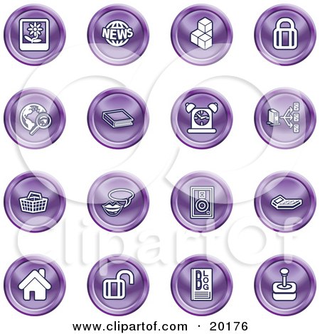 Clipart Illustration of a Collection Of Purple Icons Of A Polaroid, News, Cubes, Padlock, Www, Search, Book, Alarm Clock, Connectivity, Messenger, Speaker, Calculator, Home, Blog And Joystick by AtStockIllustration