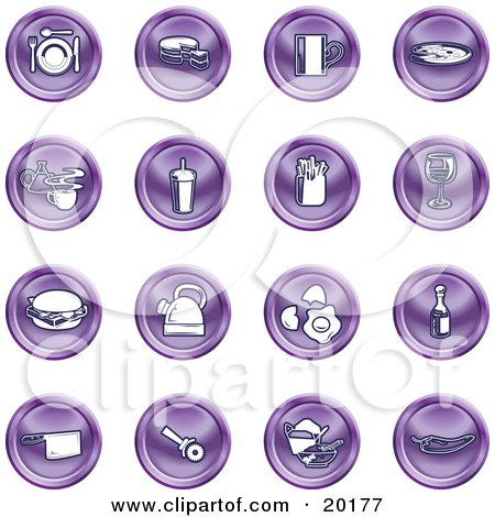 Clipart Illustration of a Collection Of Purple Icons Of Food And Kitchen Items On A White Background by AtStockIllustration