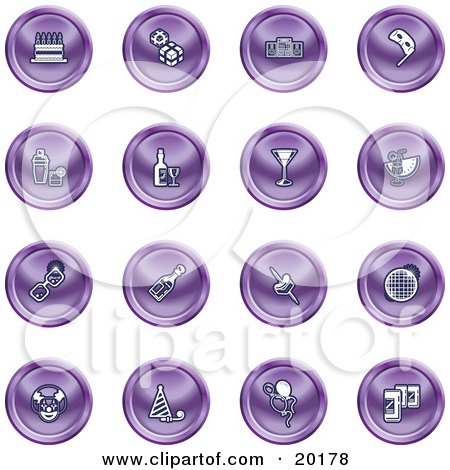 Clipart Illustration of a Collection Of Purple Icons Of Gifts, Radio, Mask, Alcohol, Kebobs, Disco Ball, Clown, Party Hats, Balloons And Beer by AtStockIllustration