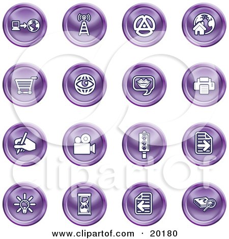 Clipart Illustration of a Collection Of Purple Icons Of A Communications Tower, Www, Home Page, Shopping Cart, Messenger, Printer, Camera, Street Light, Lightbulb, Hourglass And Search by AtStockIllustration