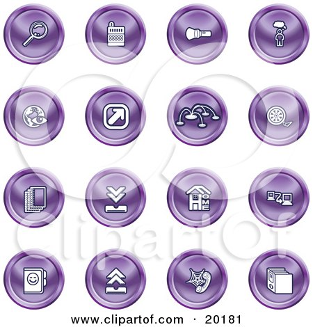 Clipart Illustration of a Collection Of Purple Icons Of A Magnifying Glass, Cash Register, Flashlight, Internet, Film, Upload, Download, Home Page, And Connectivity by AtStockIllustration