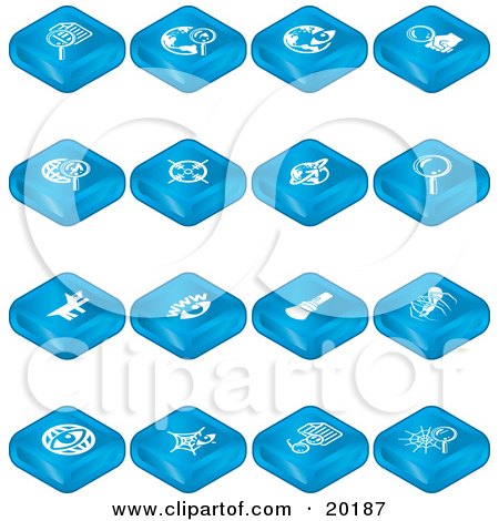 Clipart Illustration of a Collection Of Blue Internet Search Tablet Icons Of Magnifying Glasses, A Viewfinder, Flashlight And Spider by AtStockIllustration