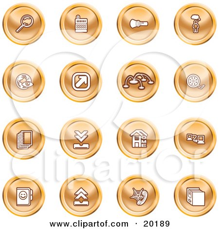 Clipart Illustration of a Collection Of Orange Icons Of A Magnifying Glass, Cash Register, Flashlight, Internet, Film, Upload, Download, Home Page, And Connectivity by AtStockIllustration