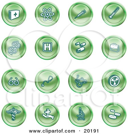 Clipart Illustration of a Collection Of Green Icons Of Medicine, Science, And Biology by AtStockIllustration