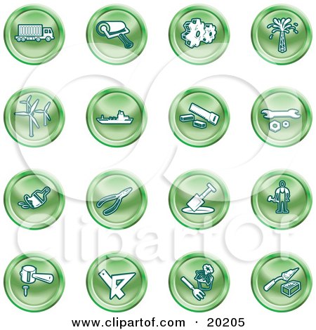 Clipart Illustration of a Collection Of Green Icons Of A Big Rig, Paint Roller, Cogs, Oil, Turbines, Ship, Saw, Wrench, Pliers, Shovel, Hammer, Gardening And Brick Laying by AtStockIllustration