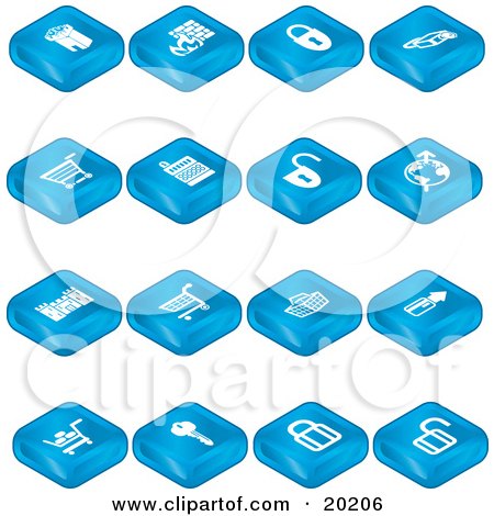 Clipart Illustration of a Collection Of Blue Secure Shopping Tablet Icons Of A Fortress, Brick Wall, Padlocks, Shopping Carts, Credit Card, And Key by AtStockIllustration