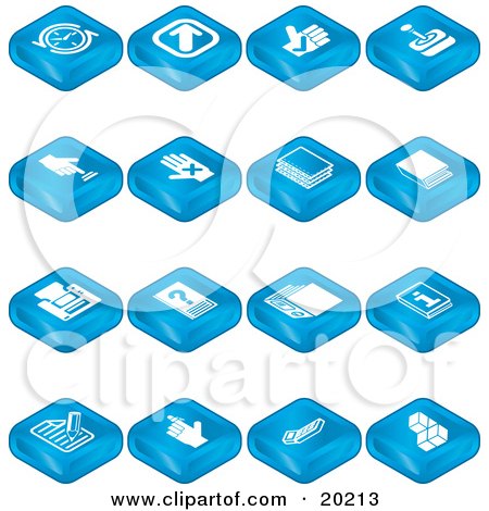 Clipart Illustration of a Collection Of Blue Tablet Icons Of Arrows, Joystick, Button, Book, Printer, Questions, Information, Compose, Reminder, Calculator And Cubes by AtStockIllustration