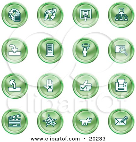 Clipart Illustration of a Collection Of Green Icons Of The Www, Connectivity, Networking, Upload, Downloads, Computers, Messenger, Printing, Clapperboard And Email by AtStockIllustration
