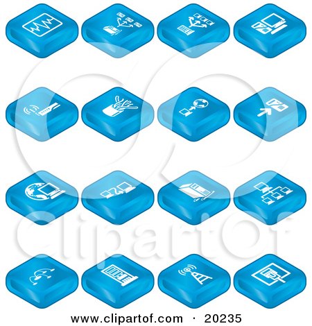 Clipart Illustration of a Collection Of Blue Tablet Icons Of A Chart, Connectivity, Networking, Computers, Wireless Internet, And Cables by AtStockIllustration