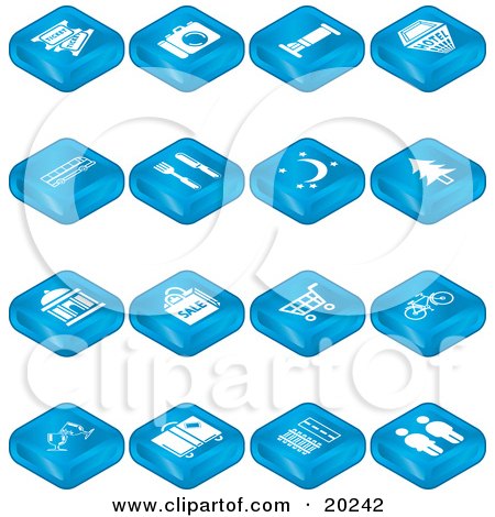 Clipart Illustration of a Collection Of Blue Tablet Icons Of Tickets, Camera, Bed, Hotel, Bus, Diner, Moon, Tree, Building, Shopping, Bicycles, Wine, Luggage, Railroads And Roads And Restrooms  by AtStockIllustration