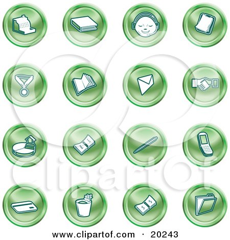 Clipart Illustration of a Collection Of Green Icons Of A Cash Register, Book, Customer Service, Medal, Envelope, Handshake, Pie Chart, Pen, Cell Phone, Credit Card, And Folder by AtStockIllustration