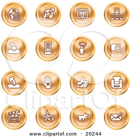 Clipart Illustration of a Collection Of Orange Icons Of The Www, Connectivity, Networking, Upload, Downloads, Computers, Messenger, Printing, Clapperboard And Email by AtStockIllustration
