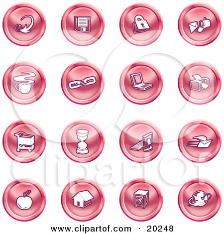 Clipart Illustration of a Collection Of Red Icons Of An Arrow, Floppy Disc, Padlock, Mail, Coffee, Link, Laptop, Printer, Shopping Cart, Hourglass, Computer, Email, Apple, House, Camera And Globe by AtStockIllustration