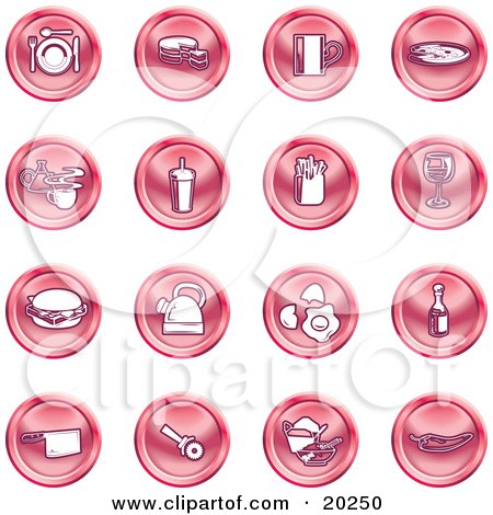 Clipart Illustration of a Collection Of Red Icons Of Food And Kitchen Items On A White Background by AtStockIllustration