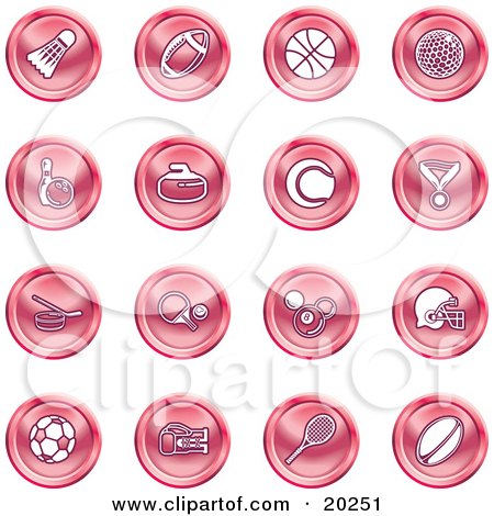 Clipart Illustration of a Collection Of Red Athletics Icons Of A Badmitten Shuttlecock, Football, Basketball, Golf Ball, Bowling, Curling Stone, Tennis, Medal, Hockey, Ping Pong, Billiards, Football Helmet, Soccer Ball, Boxing, And Rugby by AtStockIllustration