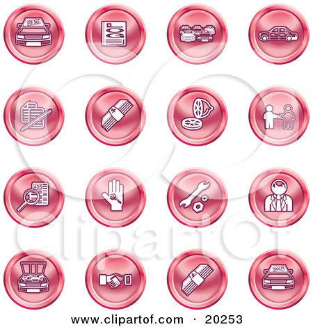 Clipart Illustration of a Collection Of Red Icons Of Cars, A Log, Cash, Lemon, Dealer, Ads, Key, Wrench, Engine, Handshake And Money by AtStockIllustration