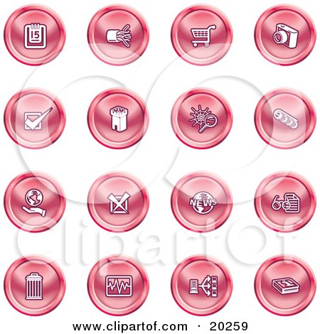 Clipart Illustration of a Collection Of Red Icons Of A Calendar, Cables, Shopping Cart, Camera, Check Mark, Fortress, News, Trash Can, Chart, Networking And Information by AtStockIllustration
