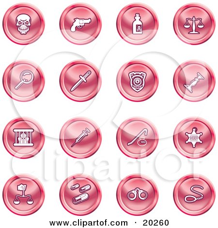 Clipart Illustration of a Collection Of Red Icons Of A Skull, Pistol, Poison, Scales, Magnifying Glass, Knife, Police Badge, Candlestick, Prisoner, Syringe, Sheriff Badge, Pills, Handcuffs And A Noose by AtStockIllustration