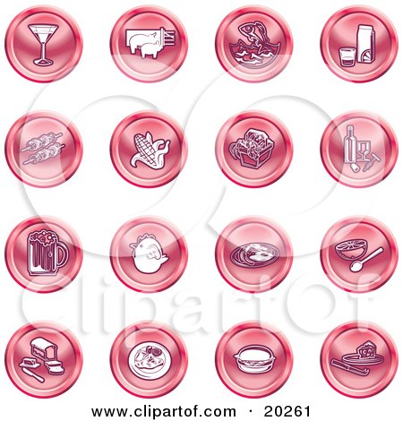 Clipart Illustration of a Collection Of Red Food Icons Of A Martini, Pigs, Fish, Juice, Kebobs, Corn, Wine, Beer, Chicken, Breakfast, Fruit, Bread, Meal, Burger And Cheese by AtStockIllustration