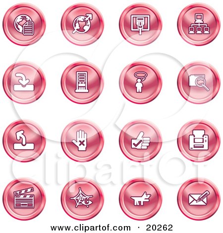 Clipart Illustration of a Collection Of Red Icons Of The Www, Connectivity, Networking, Upload, Downloads, Computers, Messenger, Printing, Clapperboard And Email by AtStockIllustration