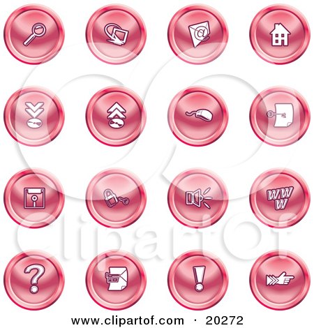Clipart Illustration of a Collection Of Red Icons Of A Magnifying Glass, Email, Home Page, Upload, Download, Mouse, Key, Disc, Padlock, Speaker, Www, Questionmark, And Exclamation Point by AtStockIllustration