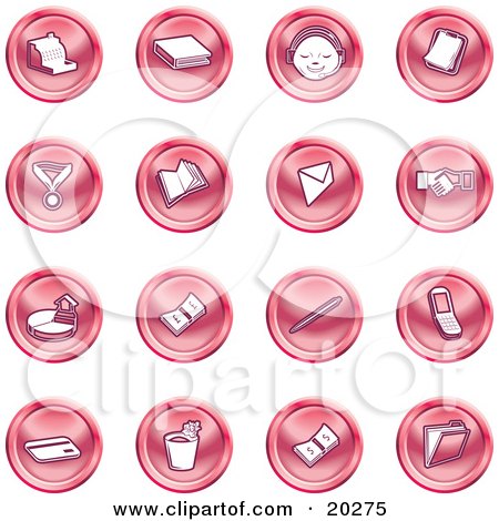 Clipart Illustration of a Collection Of Red Icons Of A Cash Register, Book, Customer Service, Medal, Envelope, Handshake, Pie Chart, Pen, Cell Phone, Credit Card, And Folder by AtStockIllustration