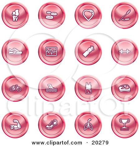 Clipart Illustration of a Collection Of Red Icons Of A Knee Joint, Pills, Heart, Wheat, Shoes, Chart, Water Bottle, Weights, Bike, Swimmer, Fitness Clothes, Muscles, Lungs And Trophy by AtStockIllustration
