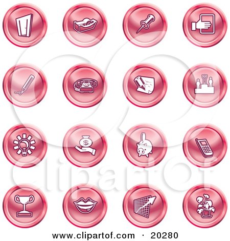 Clipart Illustration of a Collection Of Red Icons Of A Door, Tape Dispenser, Tack, Pencil, Phone, Champion, Lightbulb, Money Bag, Piggy Bank, Cell Phone, Trophy, Lips, Chart, And Plant by AtStockIllustration