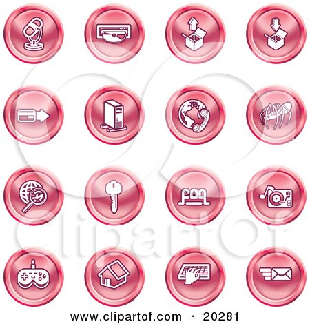Clipart Illustration of a Collection Of Red Entertainment Icons Of A Microphone, Disc, Upload, Download, Credit Card, Computer, Telephone, Spider, Searching, Key, Faq, Record Player, Controller, Home, Typing And Email by AtStockIllustration