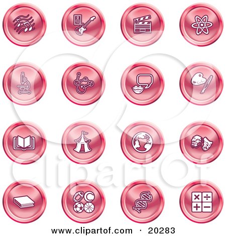 Clipart Illustration of a Collection Of Red Icons Of Music Notes, Guitar, Clapperboard, Atom, Microscope, Atoms, Messenger, Painting, Book, Circus Tent, Globe, Masks, Sports Balls, And Math by AtStockIllustration