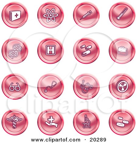 Clipart Illustration of a Collection Of Red Icons Of Medicine, Science, And Biology by AtStockIllustration