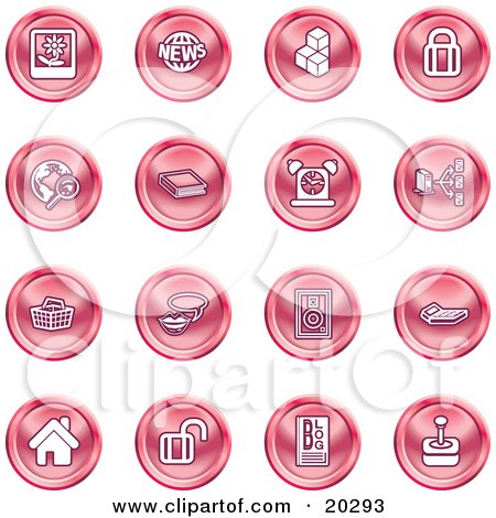 Clipart Illustration of a Collection Of Red Icons Of A Polaroid, News, Cubes, Padlock, Www, Search, Book, Alarm Clock, Connectivity, Messenger, Speaker, Calculator, Home, Blog And Joystick by AtStockIllustration