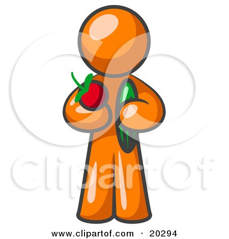 Clipart Illustration of a Healthy Orange Man Carrying A Fresh And Organic Apple And Cucumber by Leo Blanchette