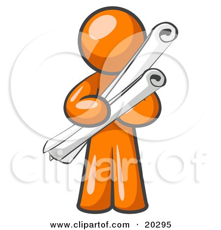 Clipart Illustration of an Orange Man Architect Carrying Rolled Blue Prints And Plans by Leo Blanchette