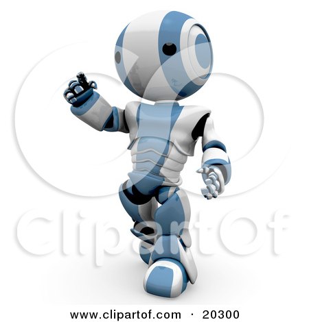 Clipart Illustration of a Curious Humanoid Blue And White Ao-Maru Robot Walking Forward And Pointing Upwards by Leo Blanchette