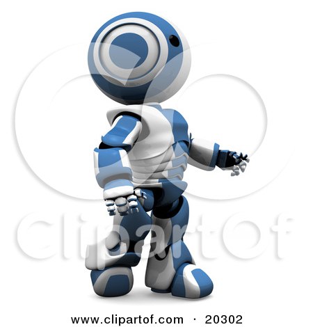 Clipart Illustration of an Amazed Humanoid Blue And White Ao-Maru Robot Walking An Looking Upwards by Leo Blanchette