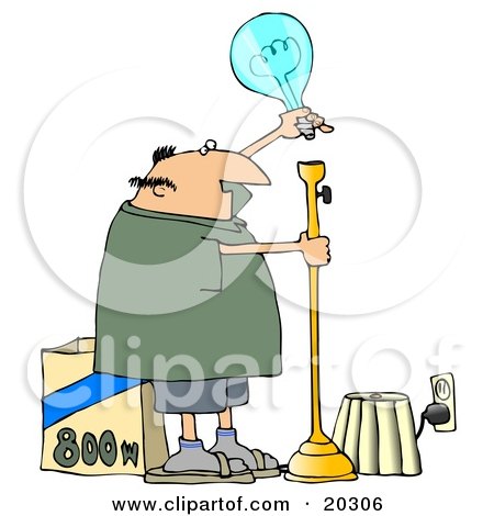 Clipart Illustration of a Middle Aged White Guy Putting A Huge 800 Watt Lightbulb In A Tall Lamp In His Living Room by djart