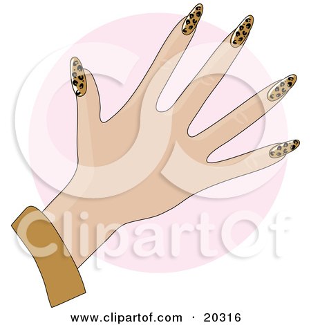 Clipart Illustration of a Woman's Hand With Acrylic Leopard Print Fingernails After A Manicure, Over A Pink Circle by Maria Bell
