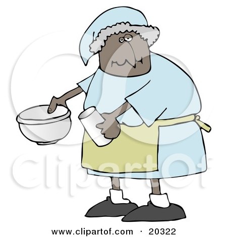 Clipart Illustration of a Black Lady In A Green Apron, Putting Ingredients In A Mixing Bowl While Baking In A Kitchen by djart