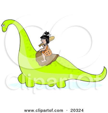 Clipart Illustration of a Female Cavewoman in a Leopard Print Cloth, Wearing a Bone in Her Hair, Carrying a Club Over Her Shoulder and Riding a Dinosaur by Maria Bell