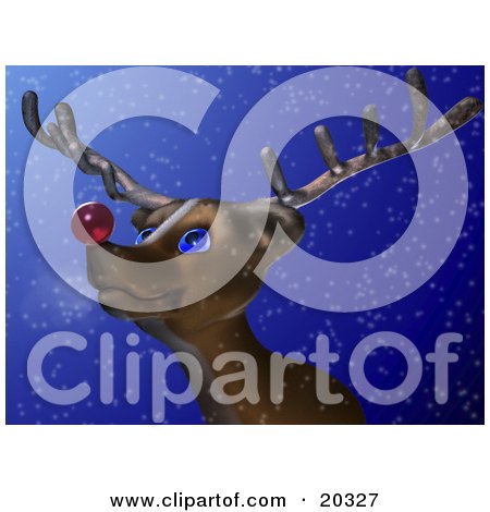Clipart Illustration of Rudolph The Red Nosed Reindeer, Standing In The Snow On A Cold Winter Night, Looking Upwards At The Sky With His Big Blue Eyes, Looking Forward To Leading Santa's Sleigh by Tonis Pan