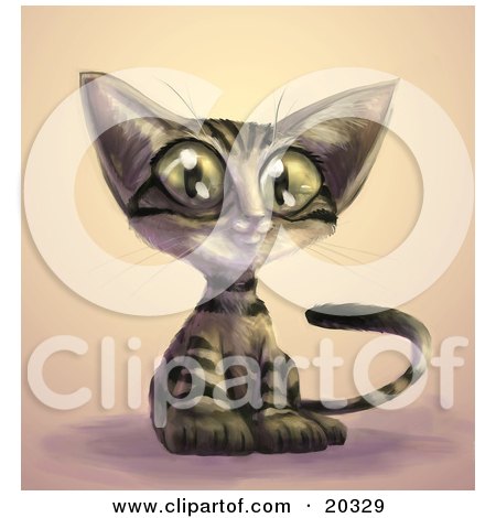 Clipart Picture of a Cute Brown Tabby Cat With Black Stripes And Big Green Eyes, Sitting With An Innocent Look On His Face by Tonis Pan