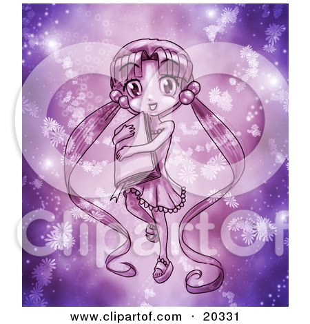 Clipart Picture of a Cute Purple Manga Girl With Her Long Hair In Pig Tails, Carrying A Book And Surrounded By Glowing Flowers And Magic Dust by Tonis Pan